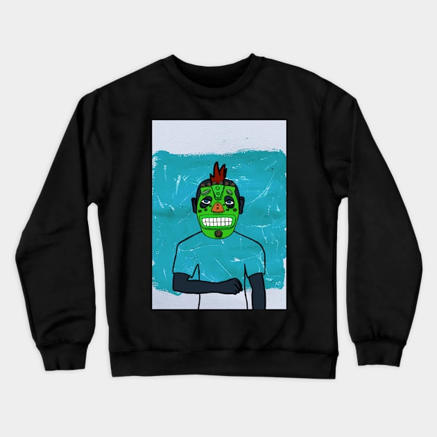 Expressive African Male Character with Blue Mask and Skin Crewneck Sweatshirt by Hashed Art